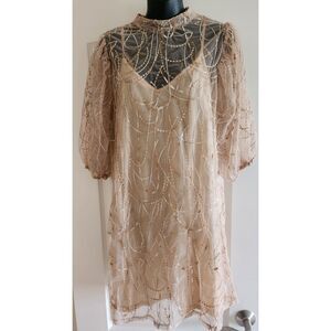 ZARA Caramel Taupe Tan Nude Color Sequined Mesh Lined Mini Dress Size L